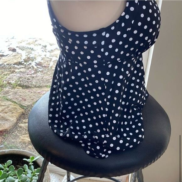 Land's End Tankini Blouson Racer Back polkadot black white soft cup Swim Top 8P - Picture 4 of 5